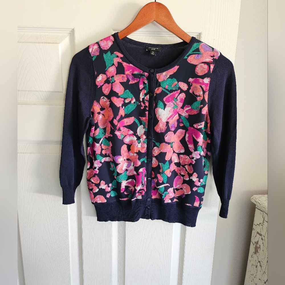 Ann Taylor Petite MP Cardigan Like-New Condition Navy Floral Front